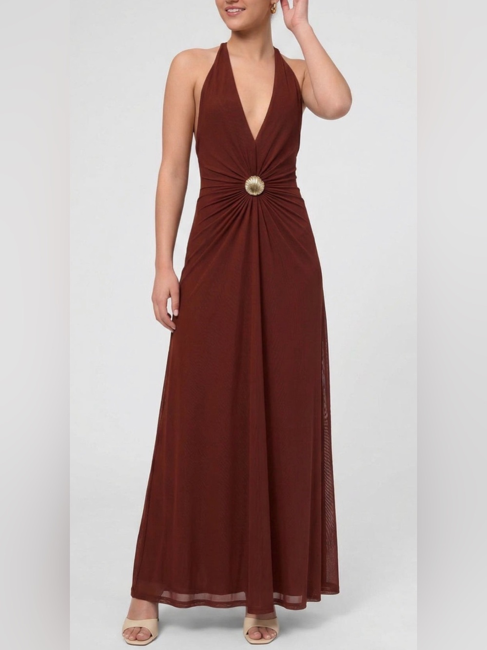 RACHEL Rachel Roy Halter Maxi Dress in Rich Brown with Gold Accent